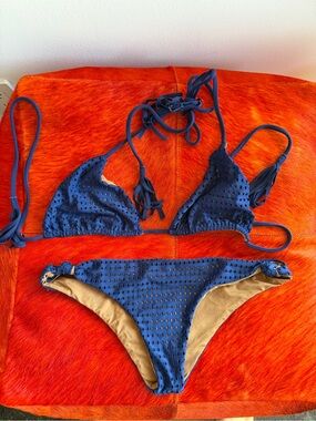 acacia swimwear Blue Textured Bikini Top with Tan Lining and knotted sides.